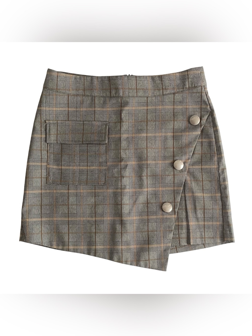 Better B Button Accent Plaid Asymmetrical Wrap Grey Gray Skirt Women's Size S